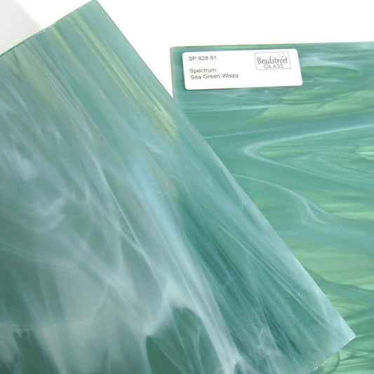 Bradstreet Glass Sea Green and White Wispy Stained Glass Sheet Spectrum 828.91